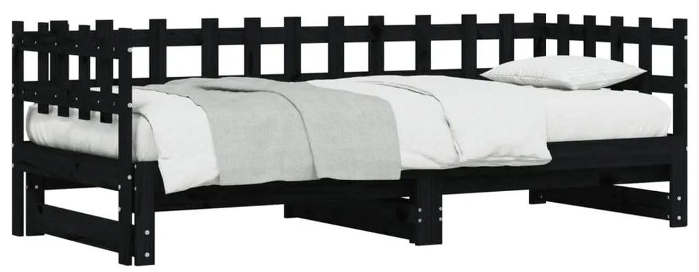 fekete tömör fenyőfa kihúzható kanapéágy 2 x (80 x 200) cm
