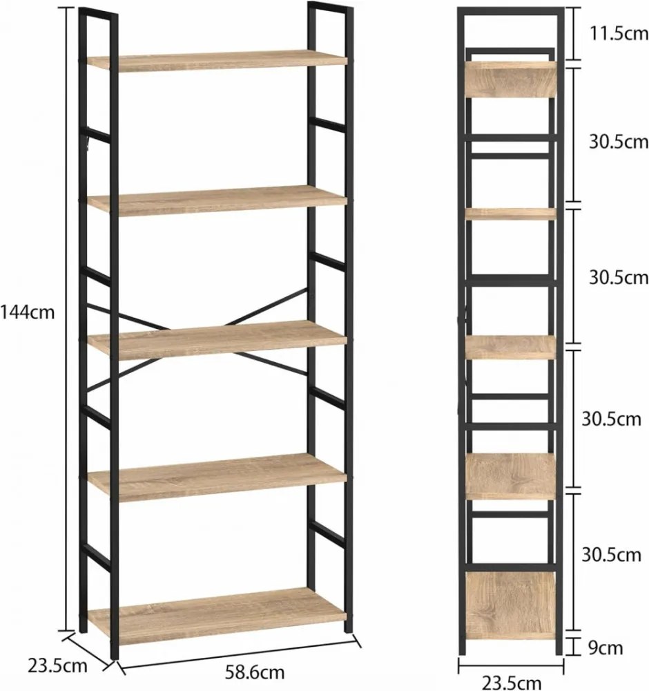 Intenso Home 5 szintes nyitott könyvespolc 59 x 144cm (Aranytölgy) | Univerzális tároló állvány fém lábakkal