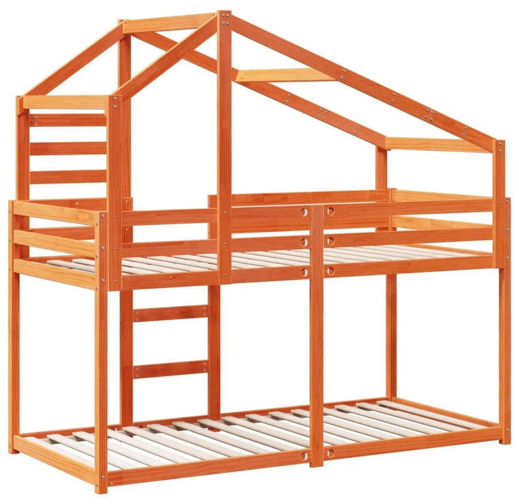 viaszbarna tömör fenyőfa ágy emelettel és tetővel 75 x 190 cm