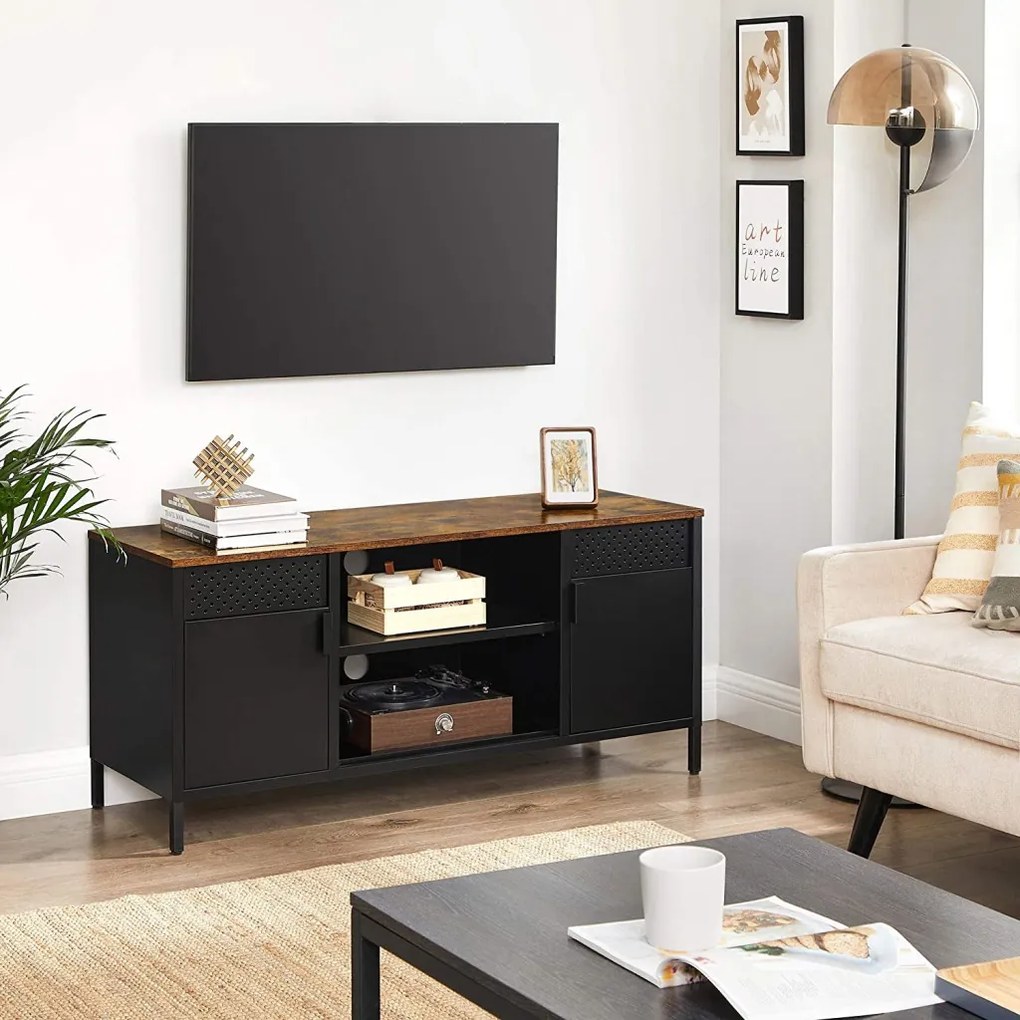 TV szekrény, 2 ajtóval, polcokkal, rusztikus barna és fekete 120x40x55cm