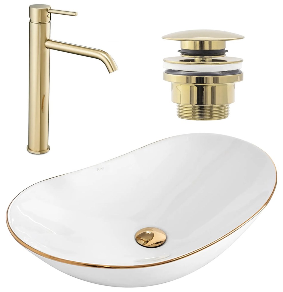 készlet Pultos mosdó Royal gold edge + Fürdőszobai csaptelep Lungo gold + Dugó gold