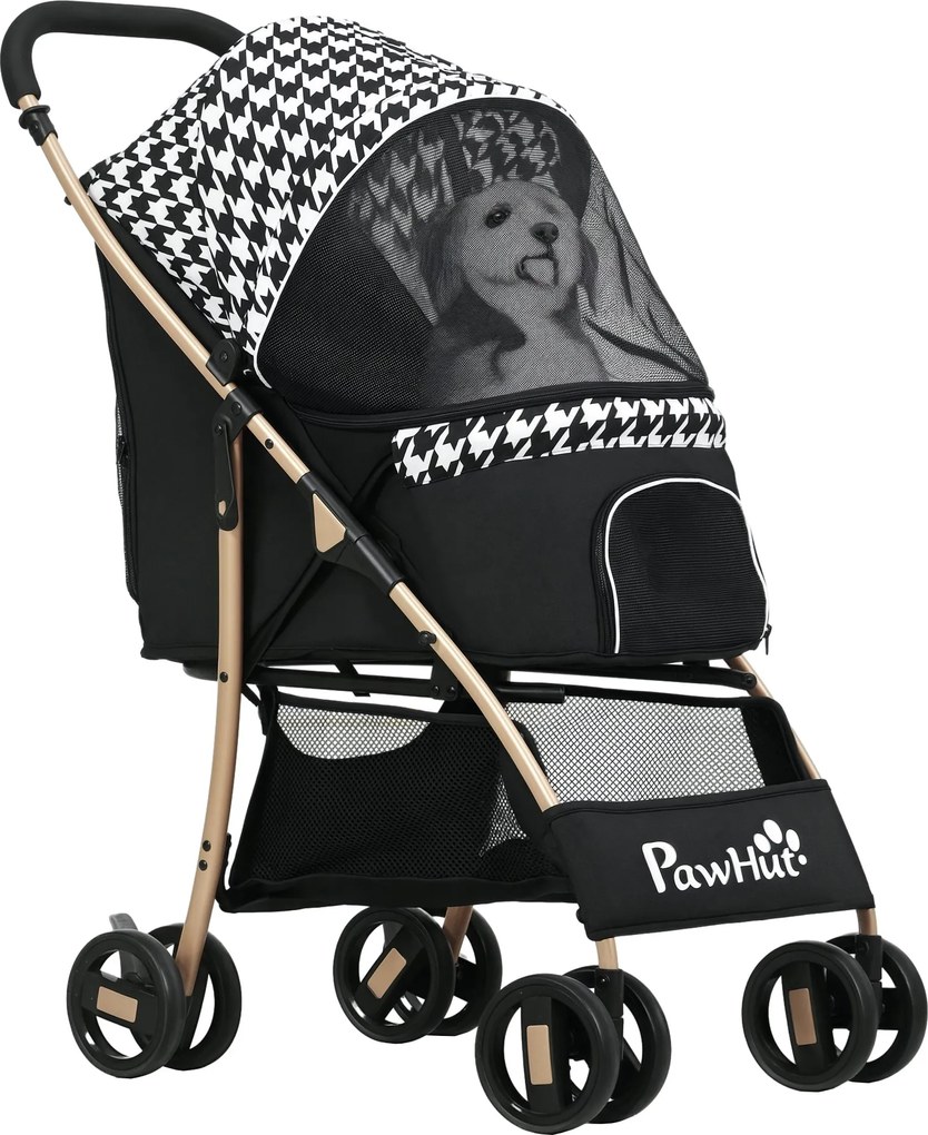 PawHut Összecsukható Kutyakocsi Állati Kocsi 2 Ajtóval Hálós Ablakkal Tárolókosárral Biztonsági Pórázzal és Párnával 15 kg Teherbírás 80x44.5x97 cm Fe