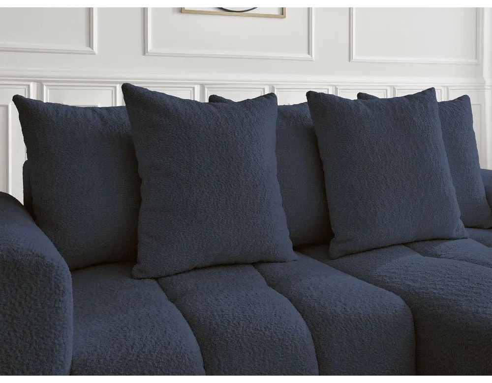 Kék buklé kinyitható-tárolóhelyes sarokkanapé (jobb oldali-heverő résszel) Roxelane – Bobochic Paris