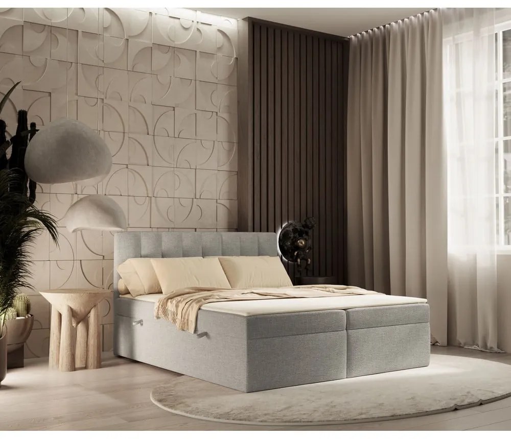 Világosszürke ágyneműtartós boxspring ágy 140x200 cm Novento – Maison de Rêve