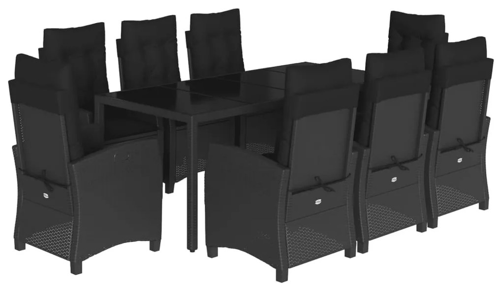 9 részes fekete polyrattan kerti étkezőgarnitúra párnákkal