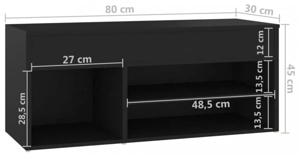 fekete szerelt fa cipőtároló pad 80 x 30 x 45 cm