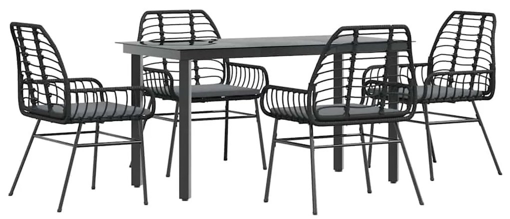 5 részes fekete polyrattan üveg kerti étkezőgarnitúra párnákkal