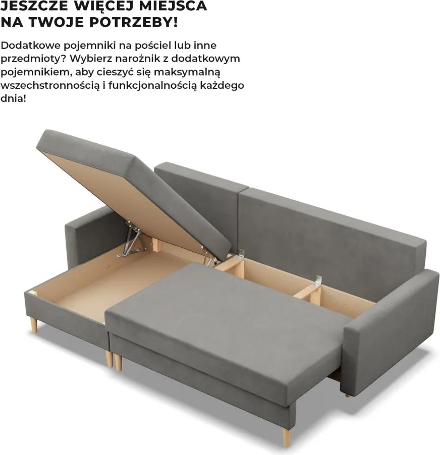 Etna sarokkanapé, 2 ágyneműtartóval, bársony, univerzális oldal, bonell töltet, világosszürke