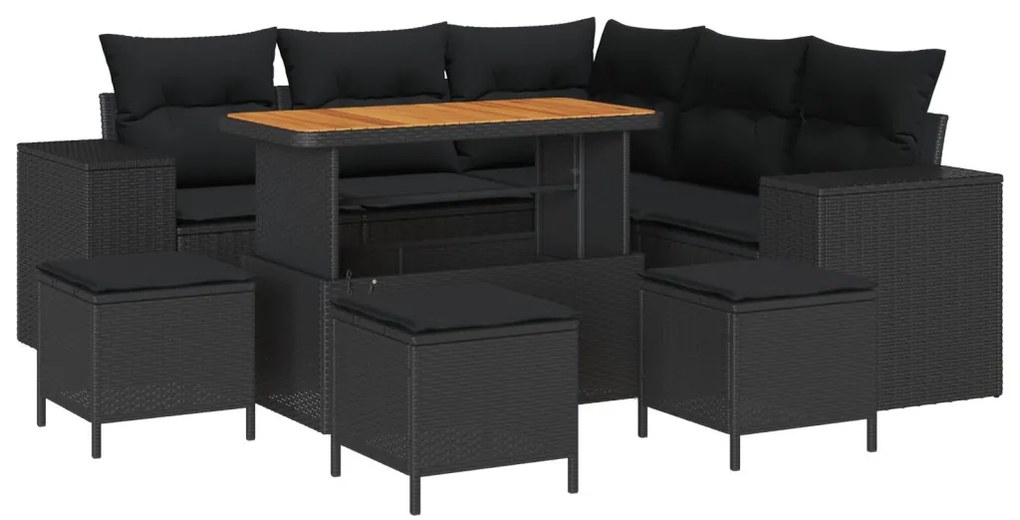 9 darabos Kert Sofa Szett Párnákkal Fekete Poli Rattan Akáciával, 4 darabos Kert Étkező Szett Párnákkal Fekete Poli Rattan Akáciával