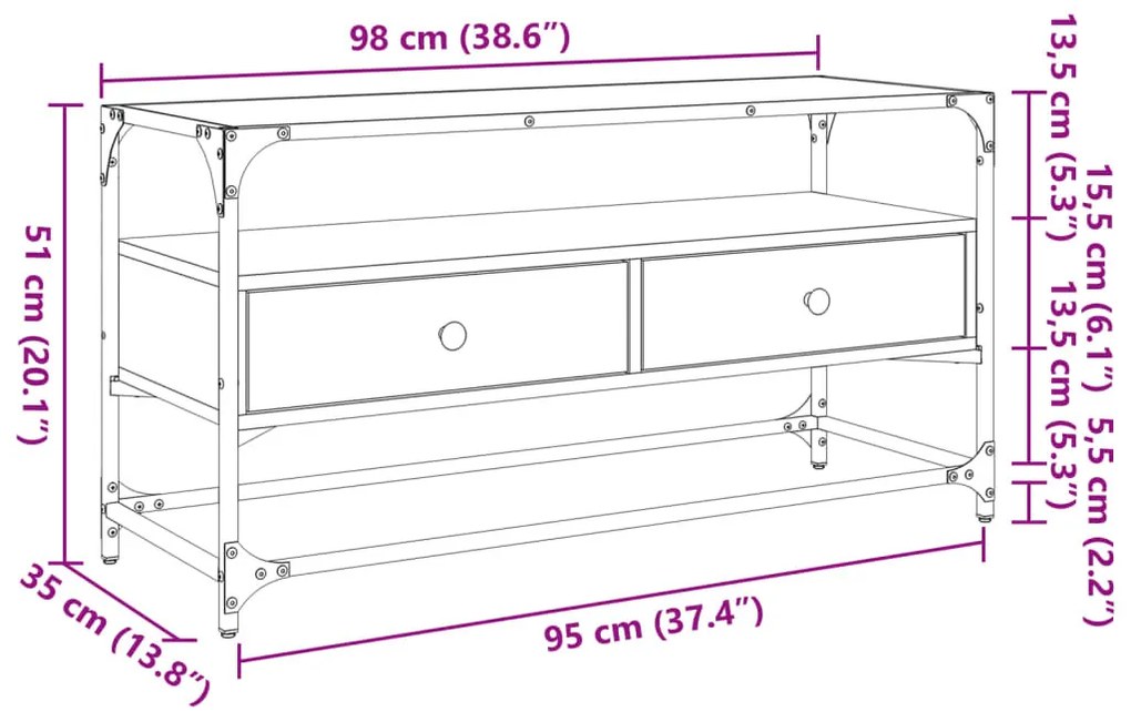 barna tölgy színű szerelt fa TV-szekrény üveglappal 98x35x51 cm