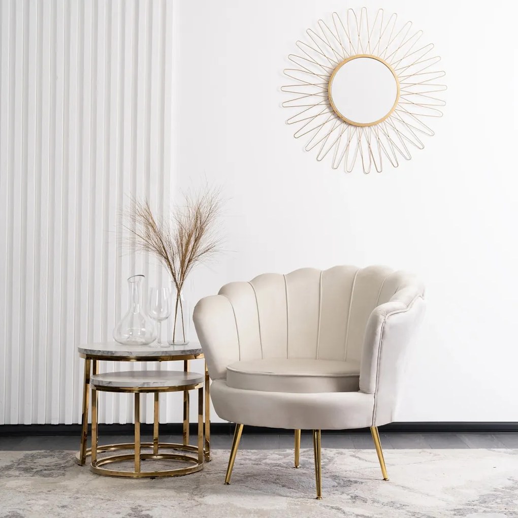 Elegáns Fotel Krém Bársony Kárpittal, Aranyszínű Lábakkal. ANGEL