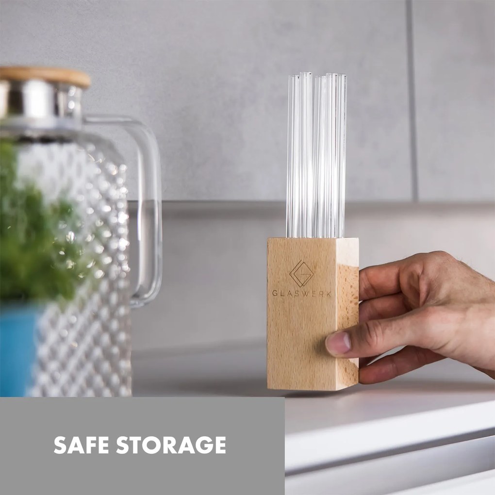Klarstein Glaswerk Frezzeria, üveg szívószálak, 7 darab, 0,8 x 15 cm (Ø x M), fa tartó, kefe