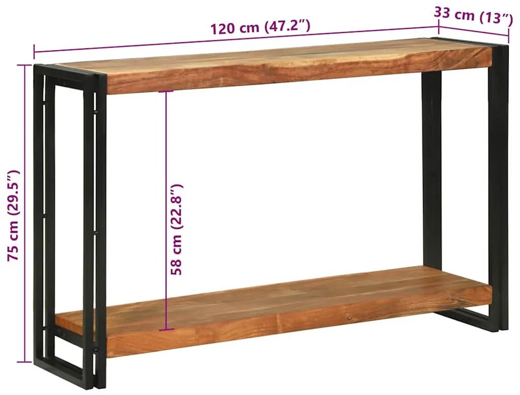 Konzolasztal polcokkal Barna 120 x 33 x 75 cm tömör akácfa