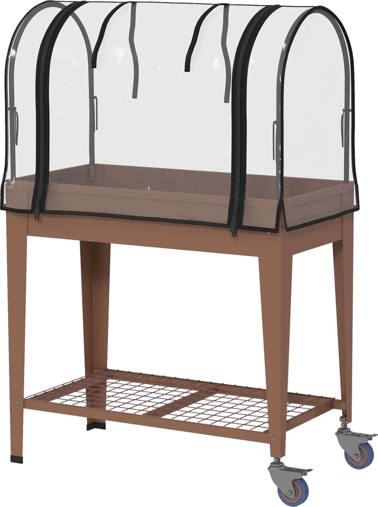 Outsunny Kerekes Magaságyás 80x40x120 cm Emelt Városi Kert Üvegház Fedéssel és Alsó Polccal Növények, Virágok, Zöldségek Neveléséhez Barna | Aosom