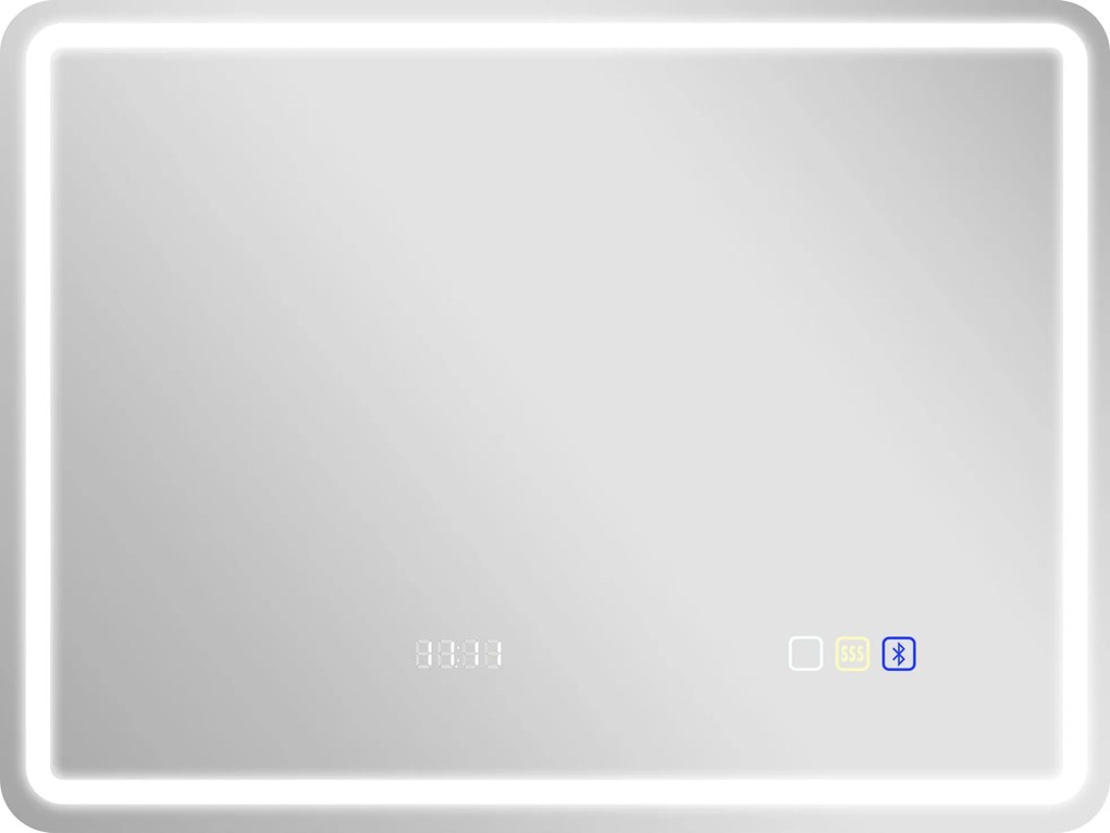 HOMCOM LED Fürdőszobatükör 80x60 cm Bluetooth Falitükör 3 Fény színnel Digitális Órával Páraálló Funkcióval Memória Funkcióval Érintőkapcsolóval IP44
