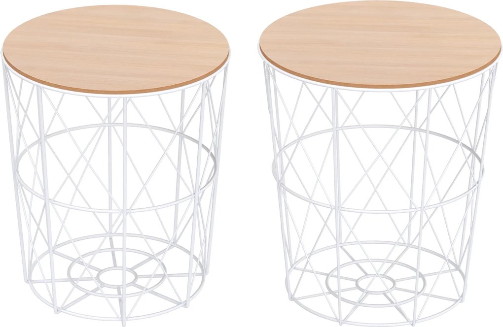 HOMCOM Kerek Kávézó Asztal 2-Darabos Készlet Halmozható Nappali Asztal Oldalsó Asztal Levehető Fedéllel - Kávézó Asztal Fém Vázon Nappaliba Természete