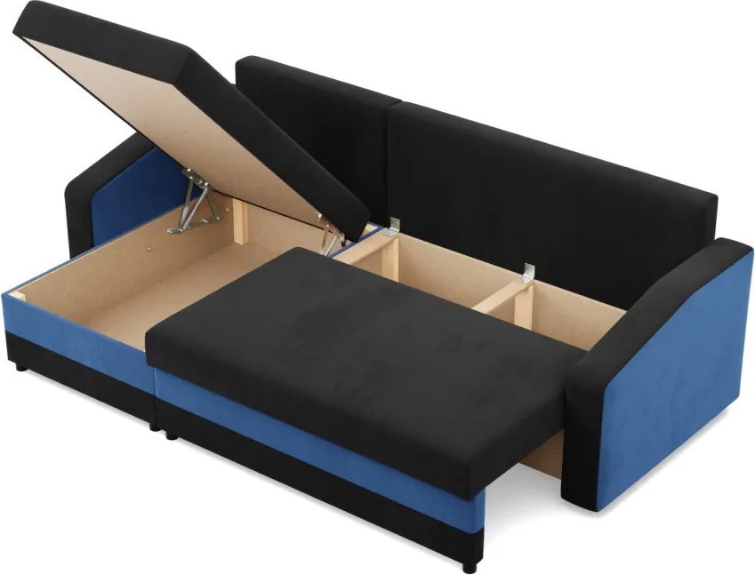 Hewlet sarokkanapé, 2 ágyneműtartóval, szövet anyag, univerzális oldal, bonell töltet, fekete - kék