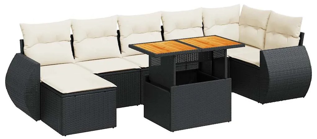 8 részes fekete polyrattan kerti ülőgarnitúra párnákkal