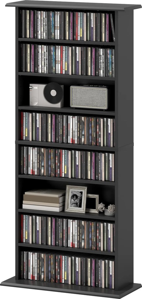 HOMCOM 8-polcos Könyvespolc 360 CD számára, Modern Design, Forgácslap CD Tartó, 58x24x124,5 cm, Fekete | Aosom
