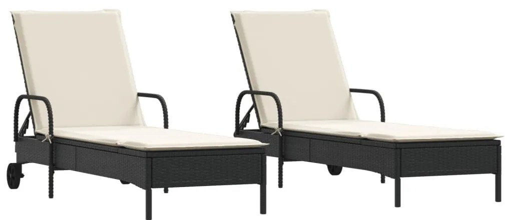 2 db fekete polyrattan napozóágy párnával