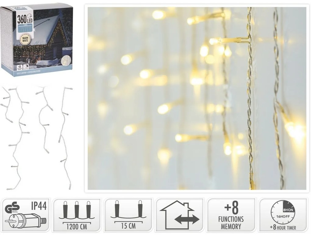 Kültéri lánc Jégcsapok 12 m, 360 LED, fehér fény, időzítő, IP44