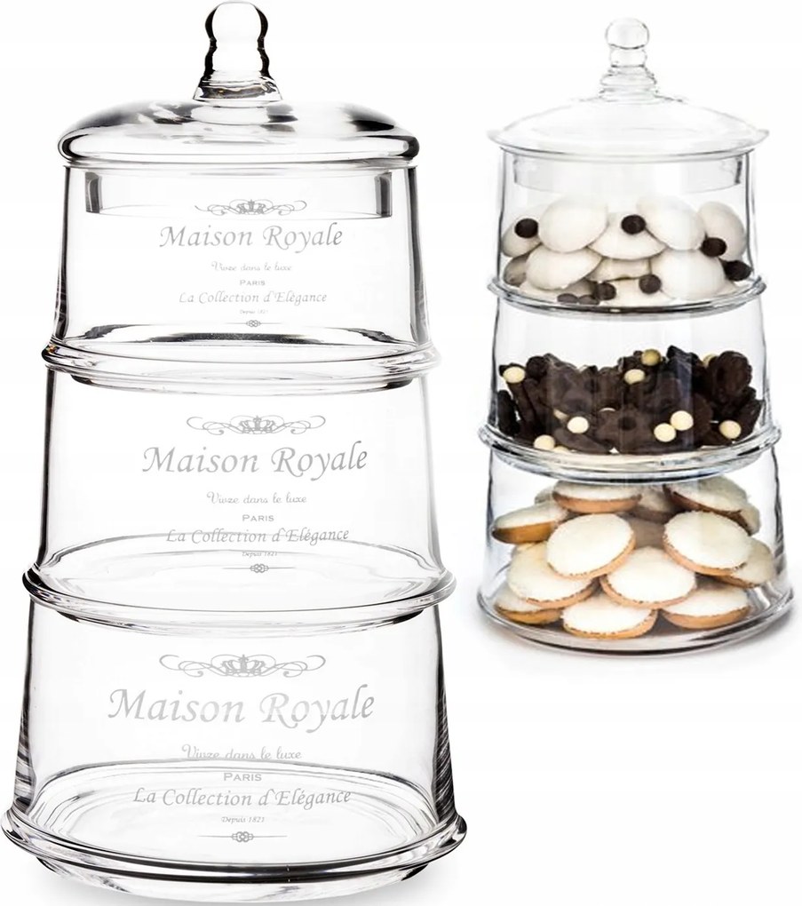 Üveg emeletes bomboniera 29cm dekoratív patera Candy bar kupola