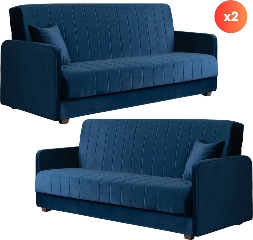 2 db-os szett, ágyazható kanapé sötétkék színben, velúr kárpittal PORTO