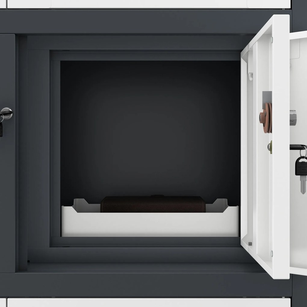 Fém iratszekrény széffel, vitrinnel és fiókokkal FILIP, 900 x 1850 x 400 mm, antracit-fehér