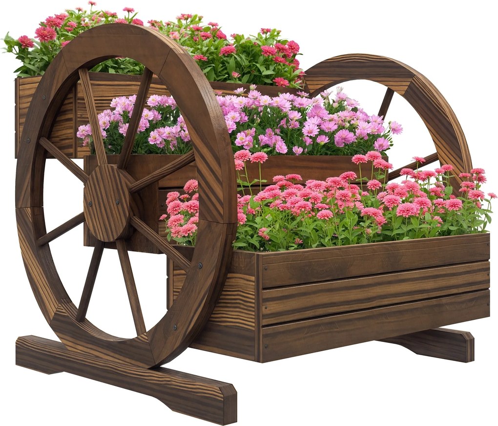Outsunny 3 szintes emelt fa virágláda díszkerekekkel — karbonizált lucfenyő, 62 × 61 × 57 cm | Aosom