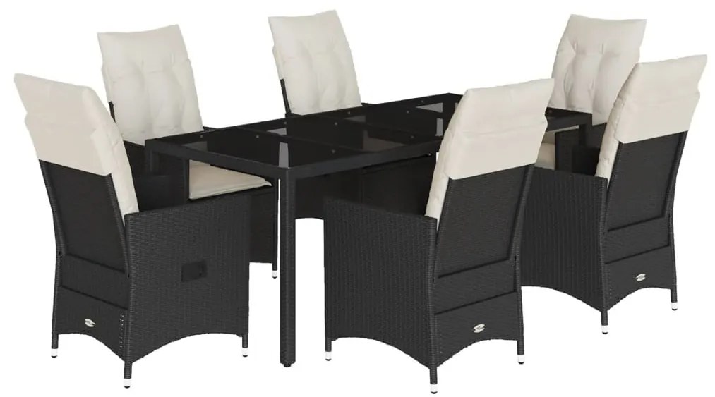 7 részes fekete polyrattan kerti étkezőgarnitúra párnával