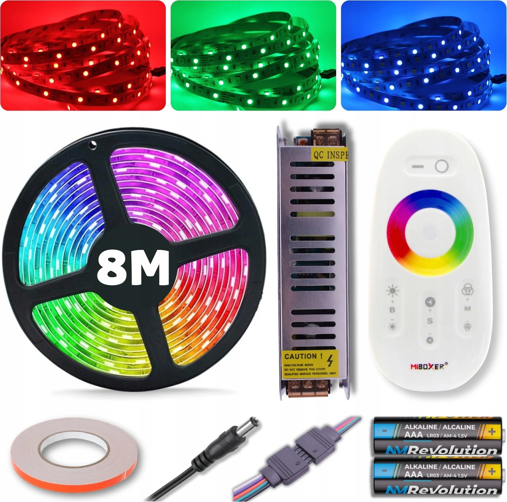 Rgb Led szalag szett 5050 színes tápegység távirányító 8M 12V Prémium