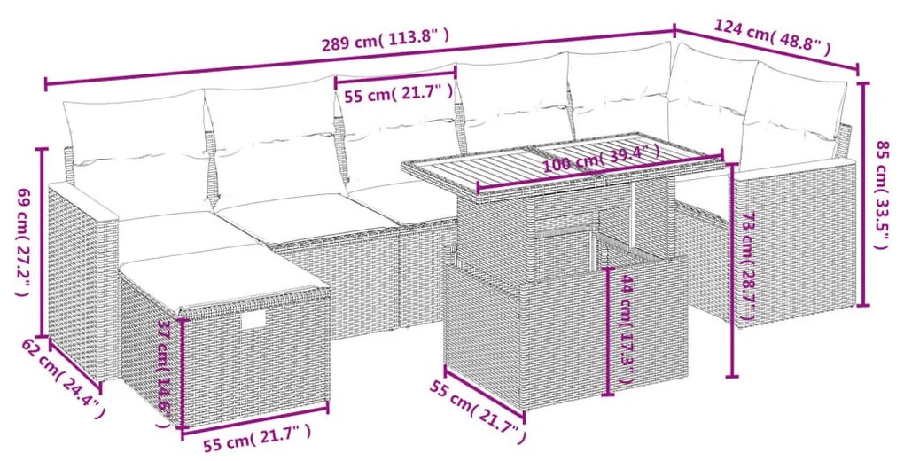 8 részes fekete polyrattan kerti ülőgarnitúra párnákkal