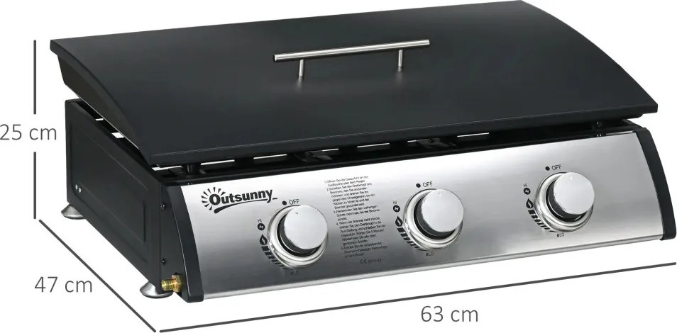 Outsunny gázgrill fedővel, 3 égővel, zsírfelfogó tálca, tapadásmentes felület, fekete/ezüst