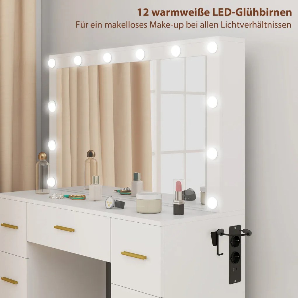 HOMCOM Fésülködőasztal tükörrel, 12 LED lámpával, 7 fiókkal, 100 x 40 x 137 cm, fehér