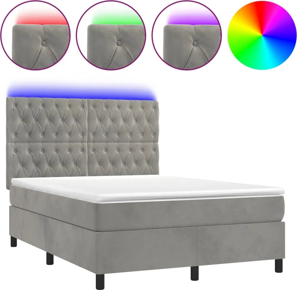 vidaXL világosszürke bársony rugós és LED-es ágy matraccal 140x190 cm