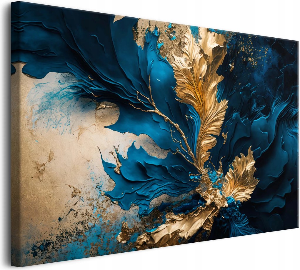 Absztrakt vászonkép a nappaliba Kobalt virág Arany levelek 80x120