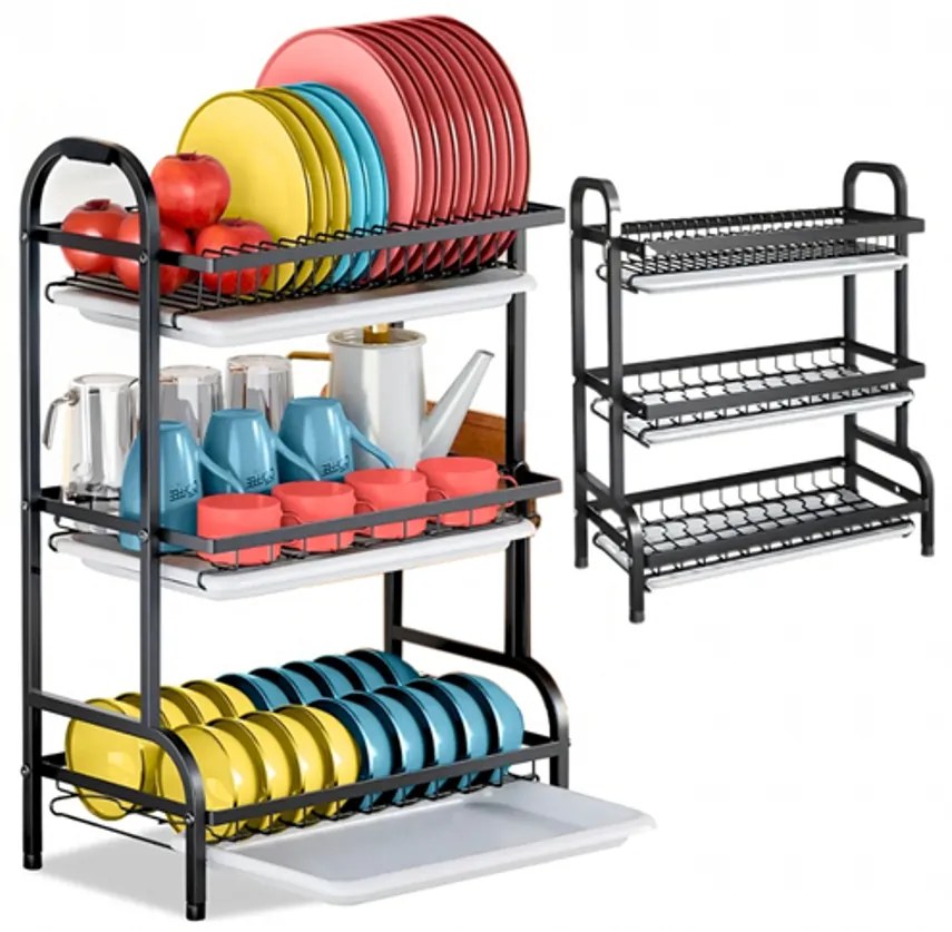 3 szintes XXL fém konyhai edényszárító, 61 x 53 cm, fekete