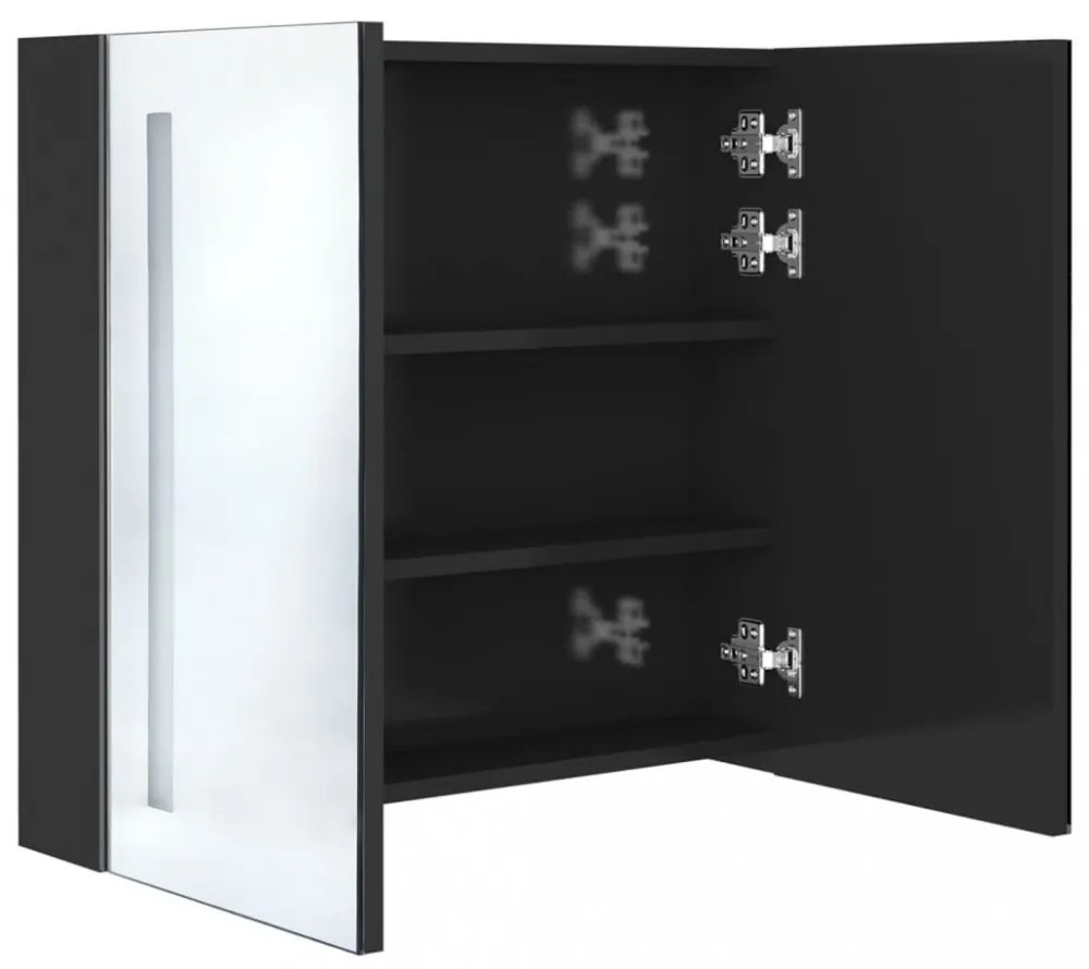 fényes fekete LED-es tükrös fürdőszobaszekrény 62 x 14 x 60 cm