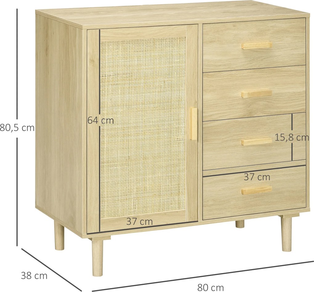HOMCOM Rattan Büfé Szekrény Kígyóajtós Szekrényekkel és 4 Fiókkal, Étkező, Nappali, Hálószoba, 80 x 38 x 80.5 cm, Természetes Fa Hatás | Aosom