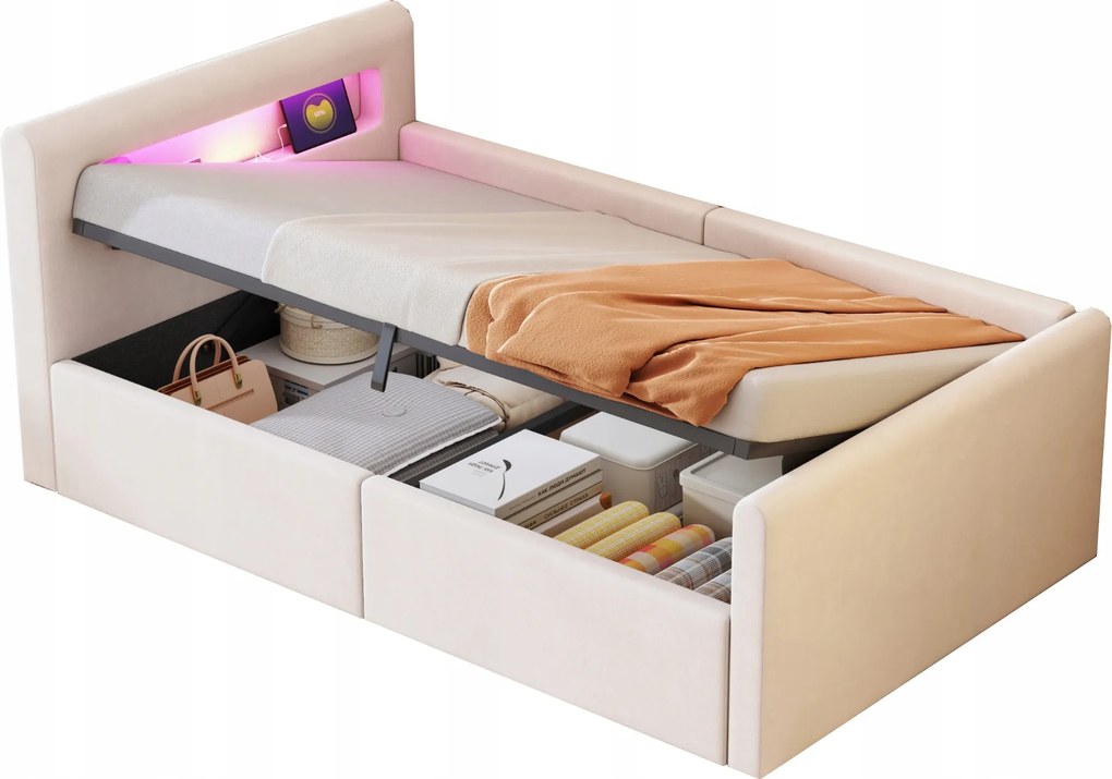 Kárpitozott ágy Hidraulikus gyerekágy Éjjeli lámpa 90x200 Led Bézs
