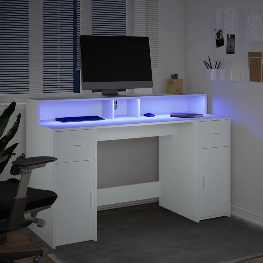 fehér szerelt fa íróasztal LED-világítással 140 x 55 x 91 cm