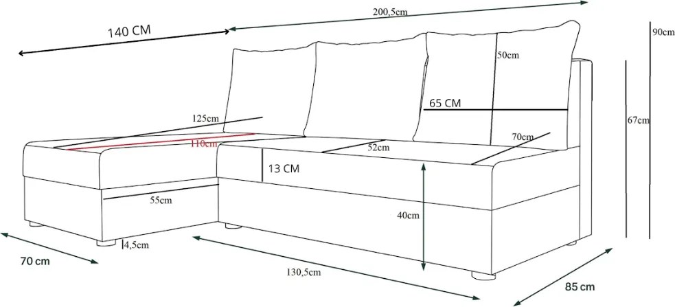 Ágyazható, kétoldalas L alakú kanapé VALERIO SLIM 200x140 cm, sötétszürke színű + 2 db díszpárna INGYEN