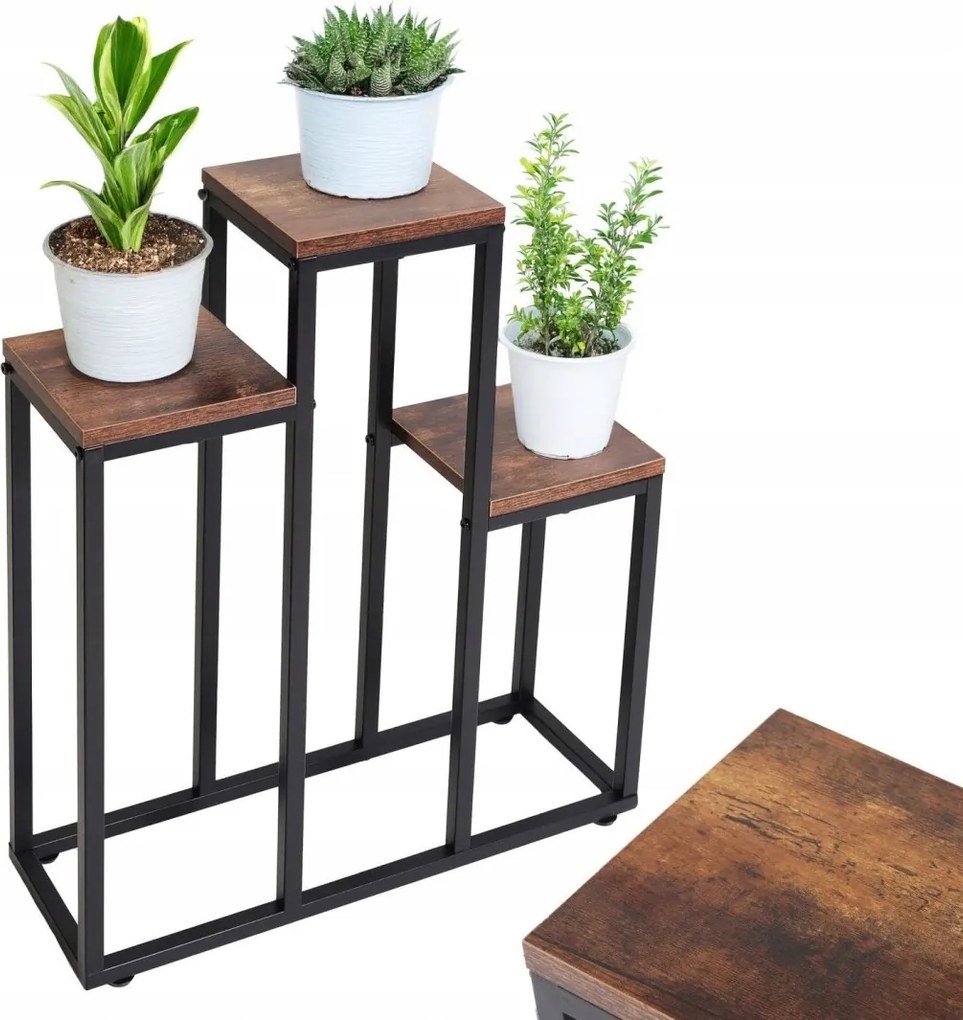 Virágágyás álló fém emeletes állvány 3 virág könyvespolc antik tölgy Ba