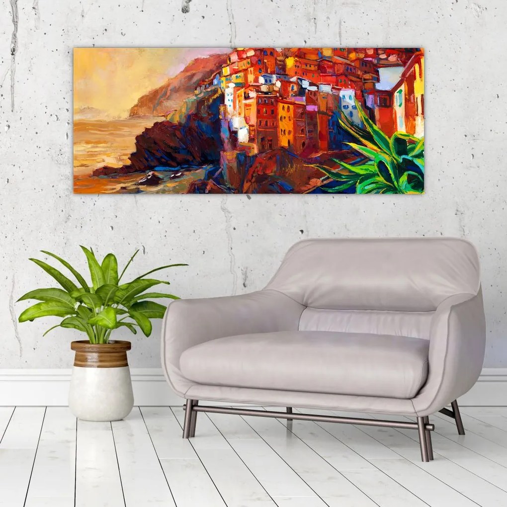 Kép - Falu Cinque Terre partján, az olasz riviérán, modern impresszionizmus (120x50 cm)