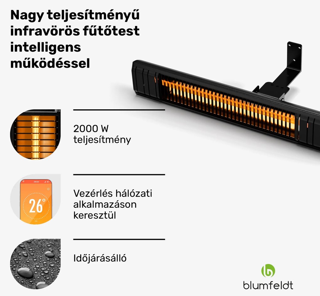 Blumfeldt Gold Bar Slim 2000 W sugárzó fűtőtest, 9 fokozat, WiFi funkció, érintésvezérlés, távirányító, IP 65