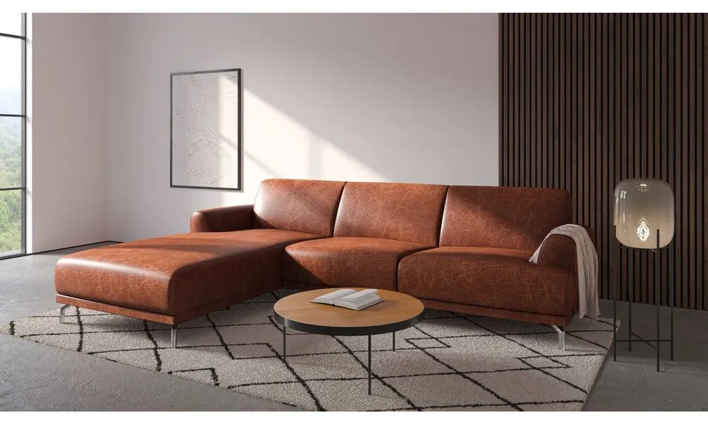 Puzo konyakbarna bőr sarokkanapé bal oldali fekvőfotellel - MESONICA