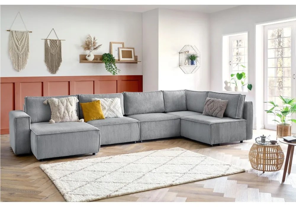 Világosszürke kordbársony sarokkanapé (jobb oldali-"U" alakú) Nihad modular – Bobochic Paris