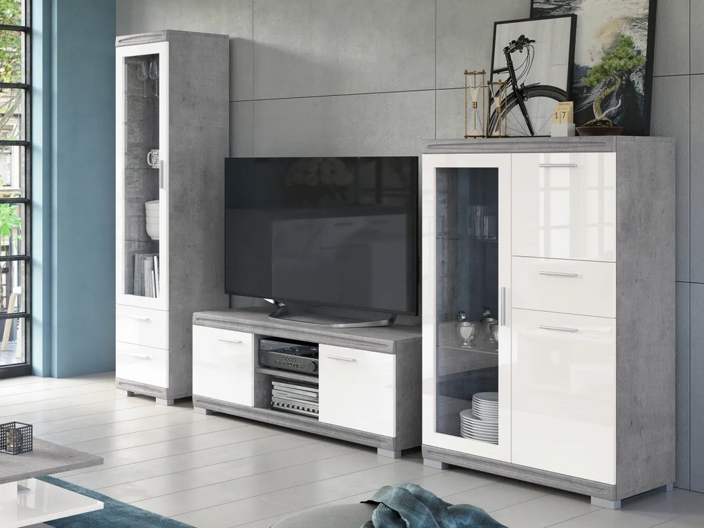 Mazzoni SIMPLE szekrénysor Millenium Beton/Fehér Fényes - TV-ÁLLVÁNY VITRINES SZEKRÉNY KOMÓD NAPPALIBA