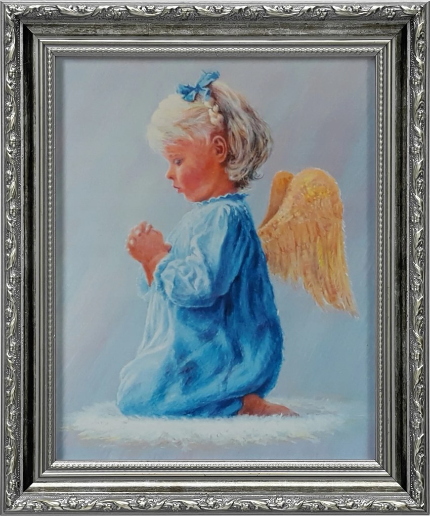 Vászonkép 31x26 Őrangyal Angyal Ezüst Díszített Keresztelő Ajándék Keret