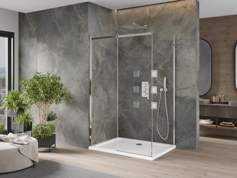 Mexen Omega 120 x 70 cm-es tolóajtós zuhanykabin, átlátszó, króm + Flat zuhanytálca - 825-120-070-01-00-4010
